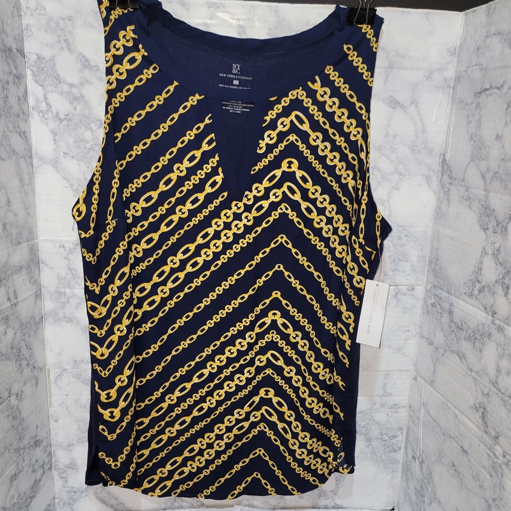 NY&C Blouse Women's Size Medium Navy Blue Chain Link Print V-Neck Top